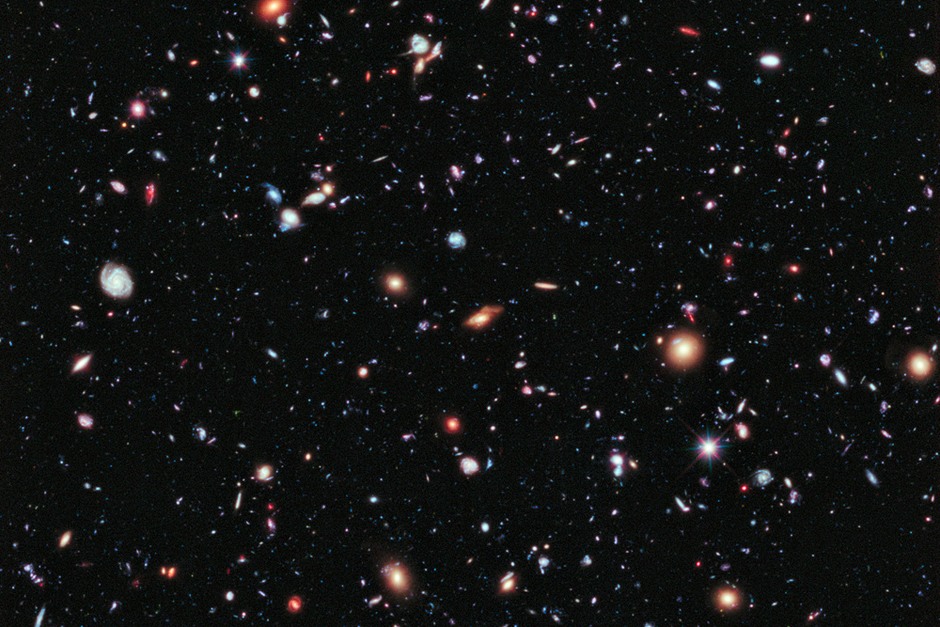 A deep-field view of distant galaxies captured by the Hubble Space Telescope.